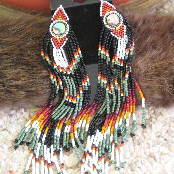 Abalone Earrings Southwestern long fringe handmade